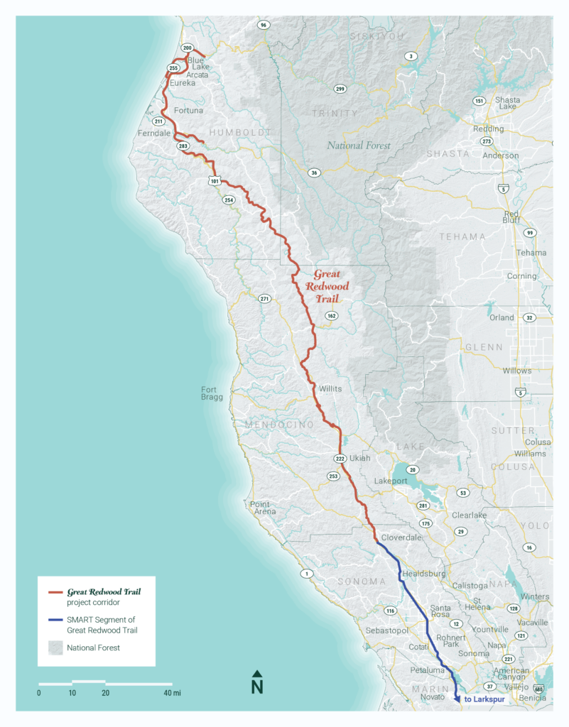 Map of the Great Redwood Trail study area